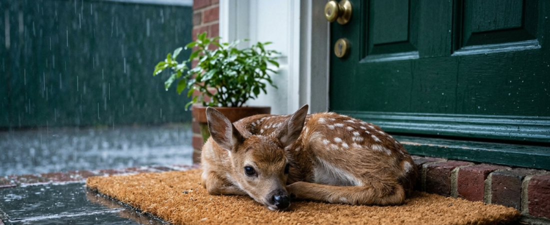 The Cutest Guest”: Baby Deer Seeks Shelter from Heavy Rain on a New Jersey Porch—And the Video is Going Viral