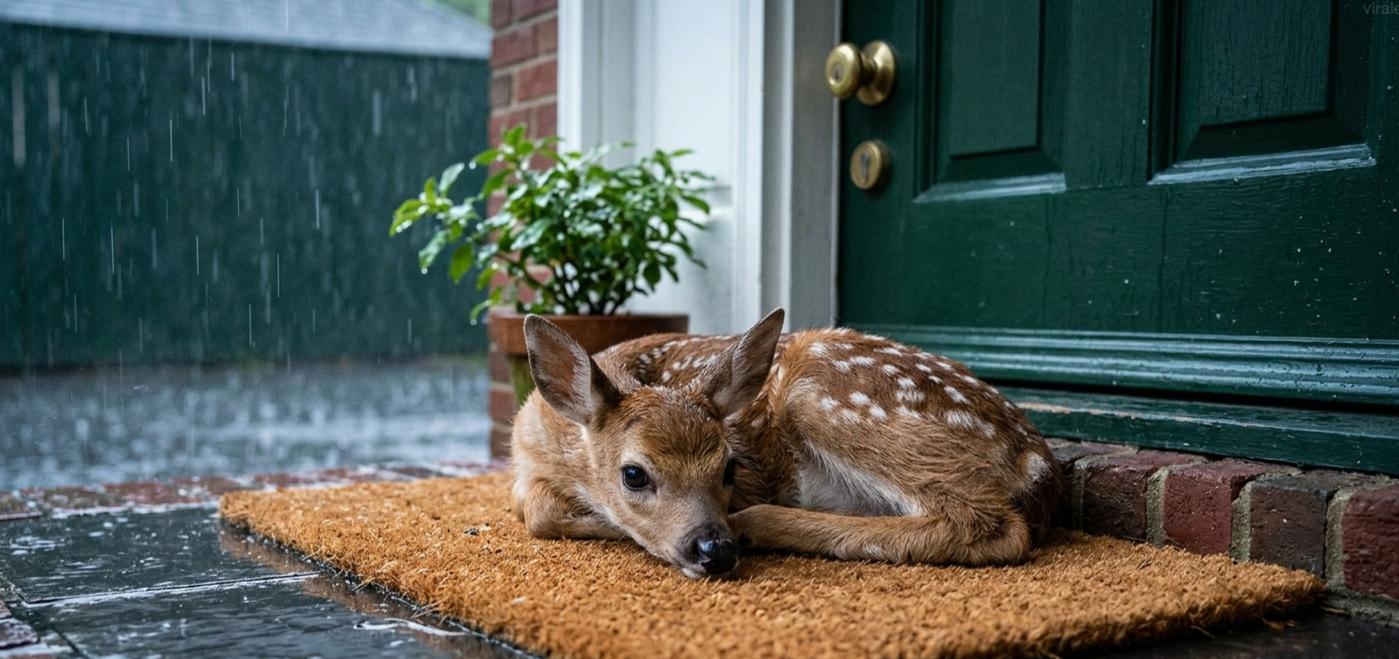 The Cutest Guest”: Baby Deer Seeks Shelter from Heavy Rain on a New Jersey Porch—And the Video is Going Viral